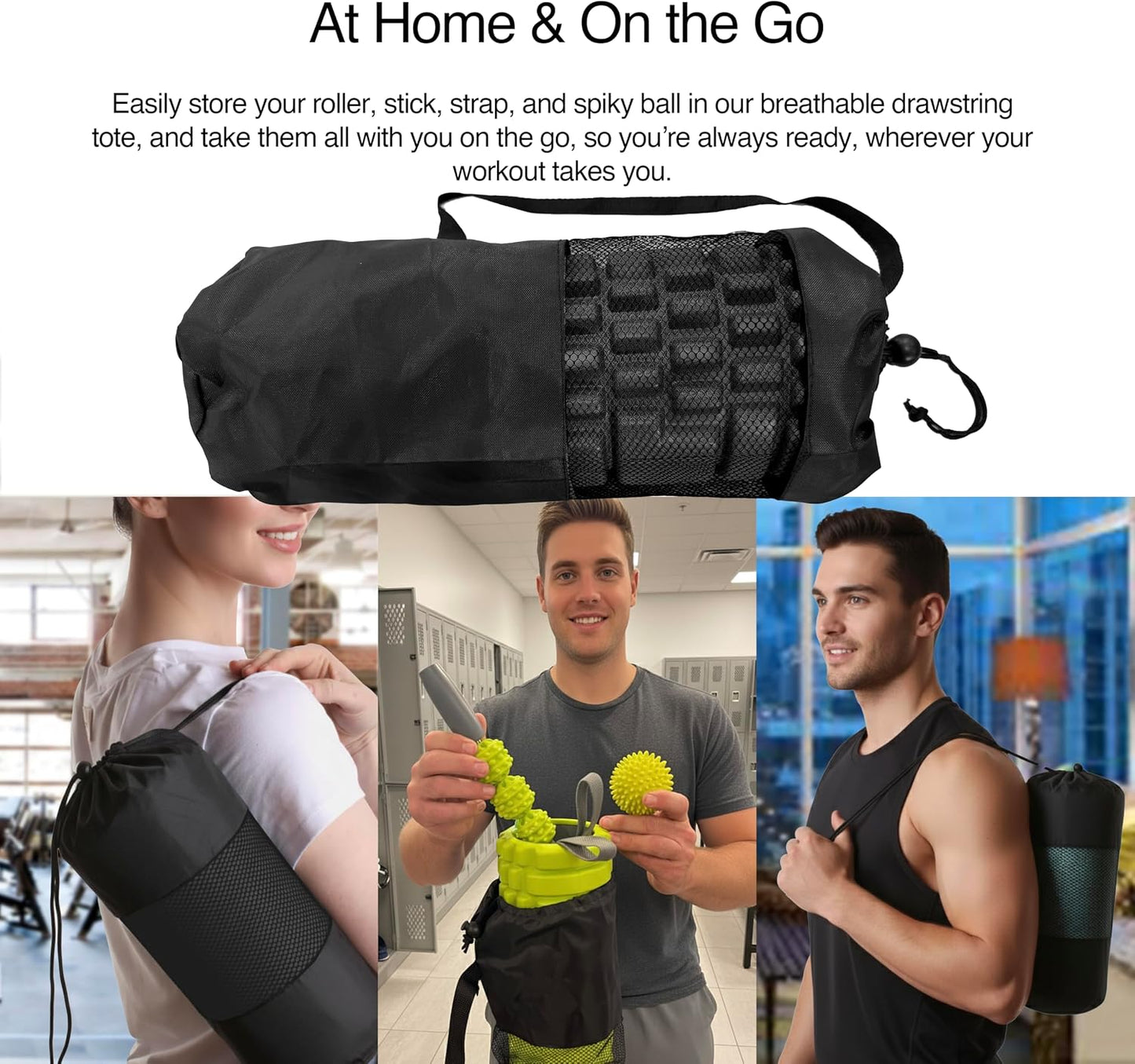 5-in-1 Massage Set, Complete Mobility Kit for Workout Recovery | Deep Tissue Roller for Legs, Spikey Foot Ball, Hamstring Stretch Strap, Quad Roller Stick, Carry Bag