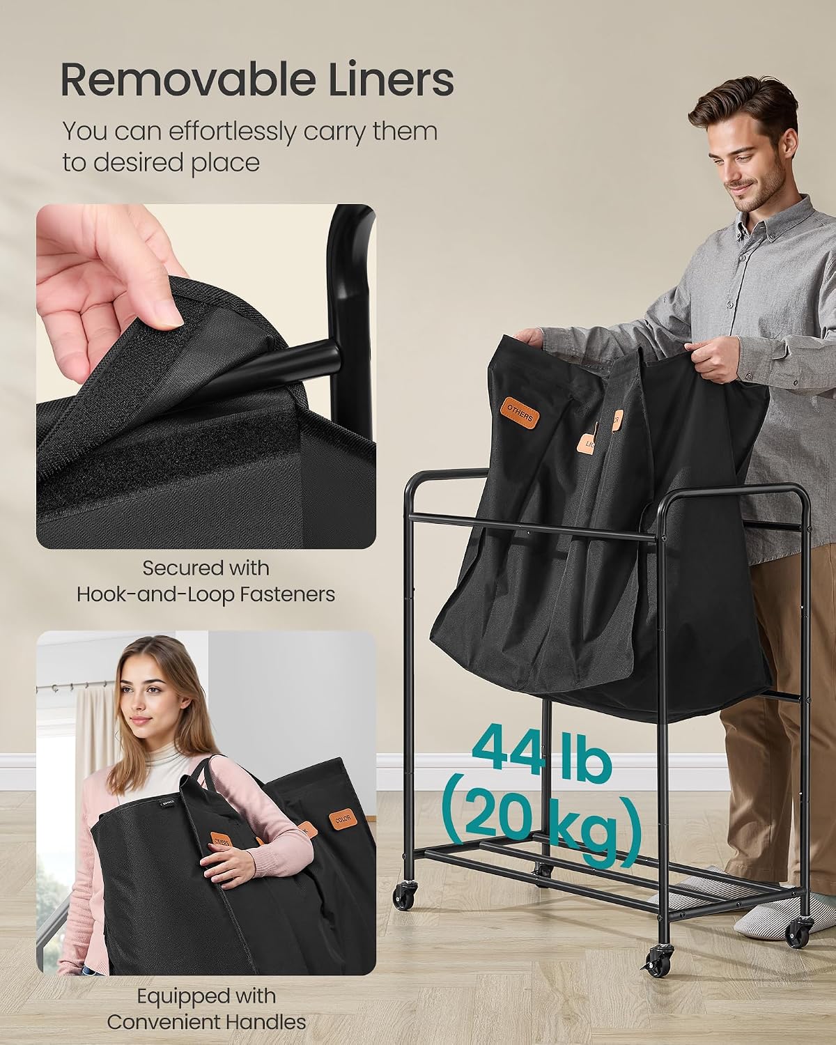 SONGMICS 2-Section Laundry Sorter, Laundry Hamper with Wheels, Rolling Clothes Hamper Cart with Large Capacity and Removable Bags, for Laundry Room, Bedroom, Bathroom, Ink Black URLS210B01 | Rolling Clothes Hamper Cart, Large Capacity, for Laundry Room,