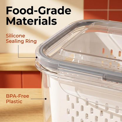 Fruit Storage Containers for Fridge, 4-Pack Fruit Containers for Fridge with Removable Colander - Airtight BPA-Free Produce Keeper, Keeps Berries Fresh 2 Weeks, Stackable Produce Storage