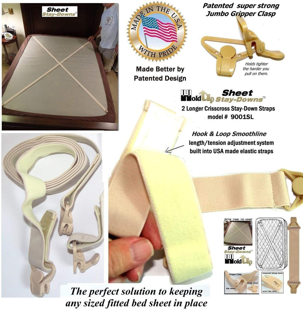 Holdup Bed Sheet Stay-Downs Short Quad USA Patented Plastic Gripper Clasps