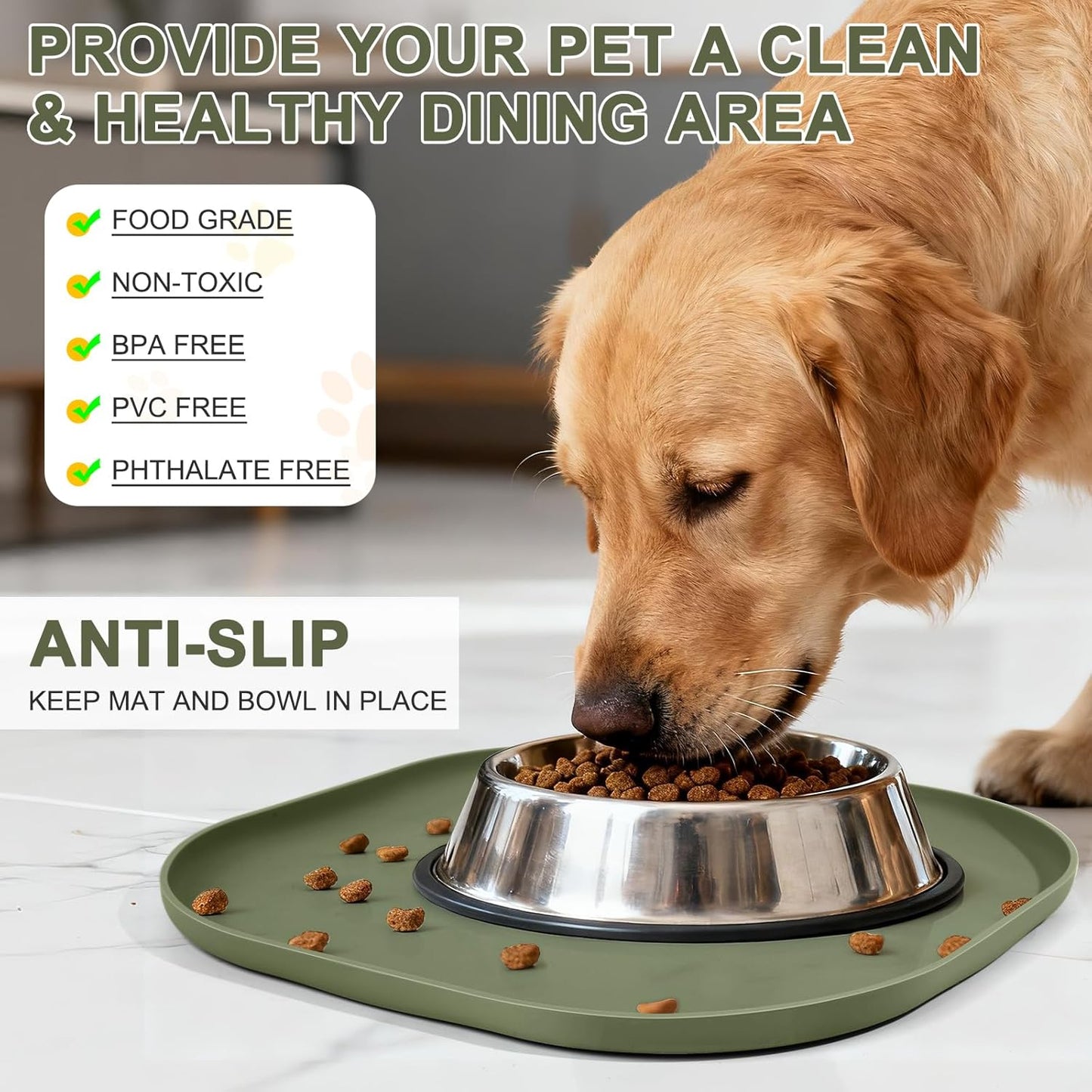 SMILOOL Waterproof Silicone Pet Food Mat with Raised Edge for Dog & Cat | 19" x 12" Non-Slip Pet Feeding Mats with Lip for Food & Water Bowl, Food Grade, Easy Cleaning, Black