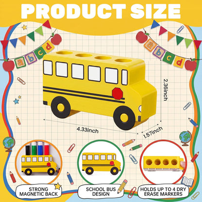 School Bus Magnetic Marker Holder, Back to School Classroom Supplies, Teacher Appreciation Gift Dry Erase Marker and Eraser Storage Organizer for Whiteboard Fridge Locker