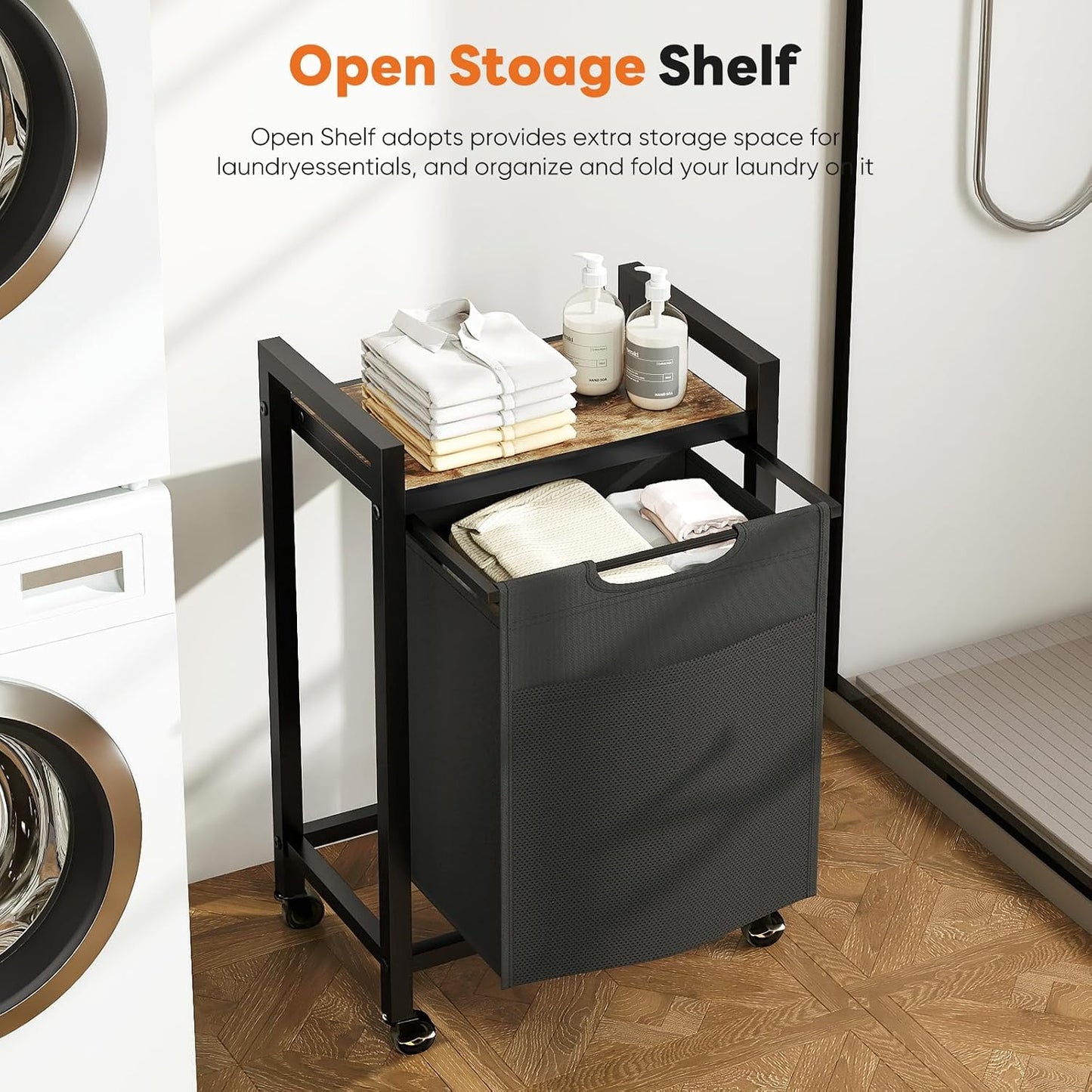 NEWBULIG Laundry Hamper Sorter with Wheels, Rolling Laundry Basket with Shelf & Removable Pull-Out Bag, Dirty Clothes Hamper for Room Organizer, 3 x 10.6 Gal (120L) - Rustic Brown and Black