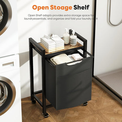 NEWBULIG Laundry Hamper Sorter with Wheels, Rolling Laundry Basket with Shelf & Removable Pull-Out Bag, Dirty Clothes Hamper for Room Organizer, 3 x 10.6 Gal (120L) - Rustic Brown and Black