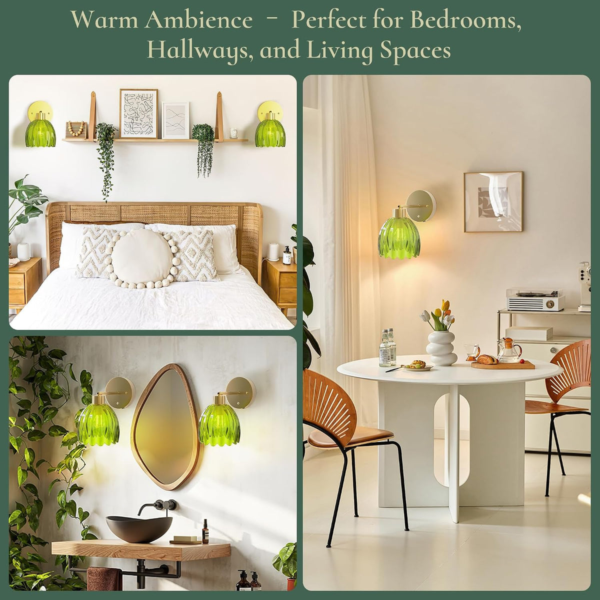 Battery Operated Wall Sconces, Rechargeable Green Glass Shades, Set of 2