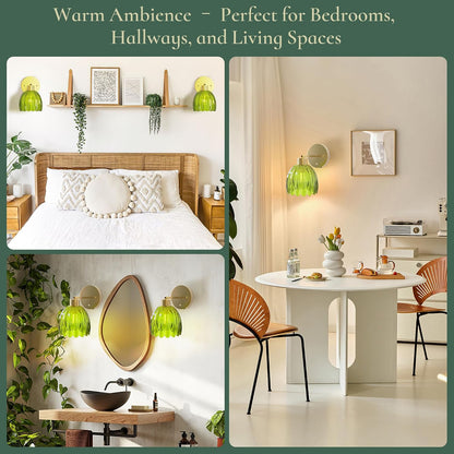 Battery Operated Wall Sconces, Rechargeable Green Glass Shades, Set of 2