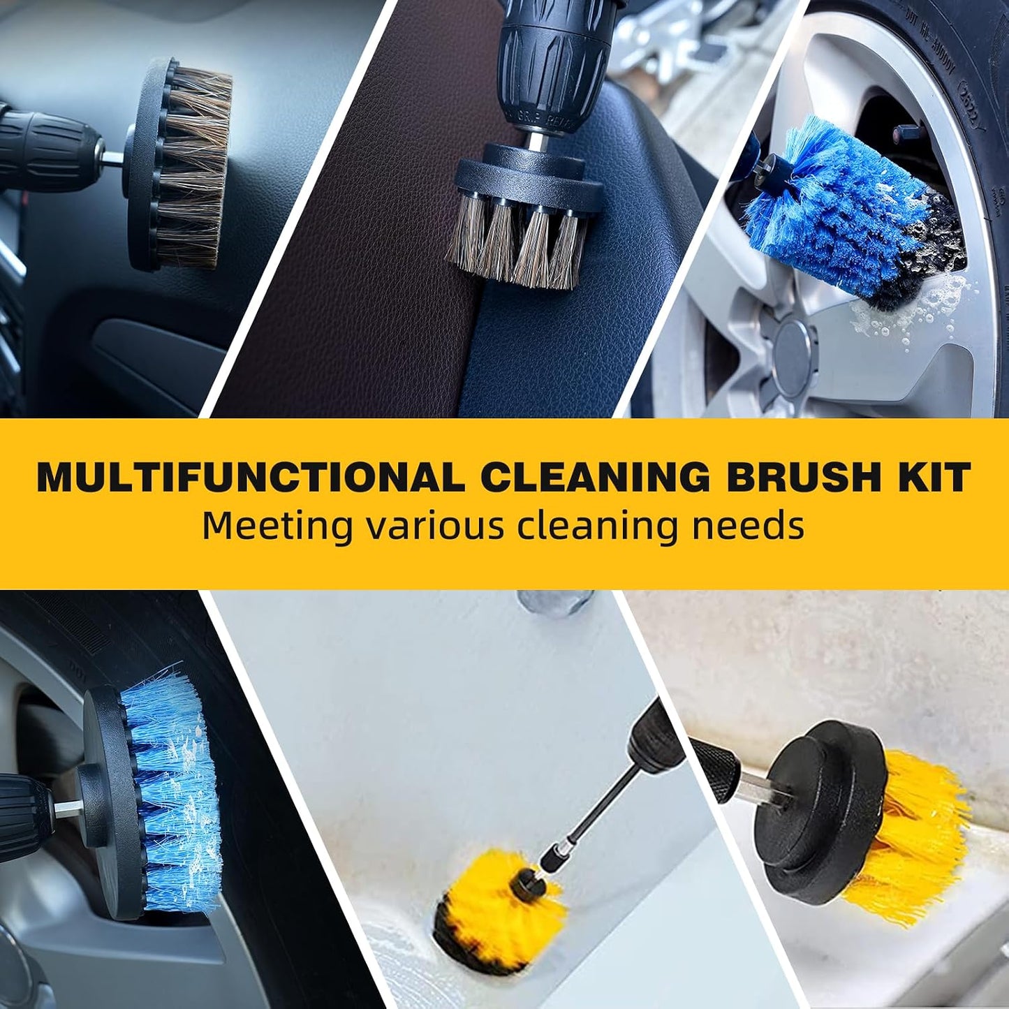 9 Pcs Drill Brush Attachments Set Fluffy Soft and Hard Bristles Horsehair Brush Cleaning Kit for Home Bathroom Car Kitchen Corners Sink Stubborn Stains Tiles
