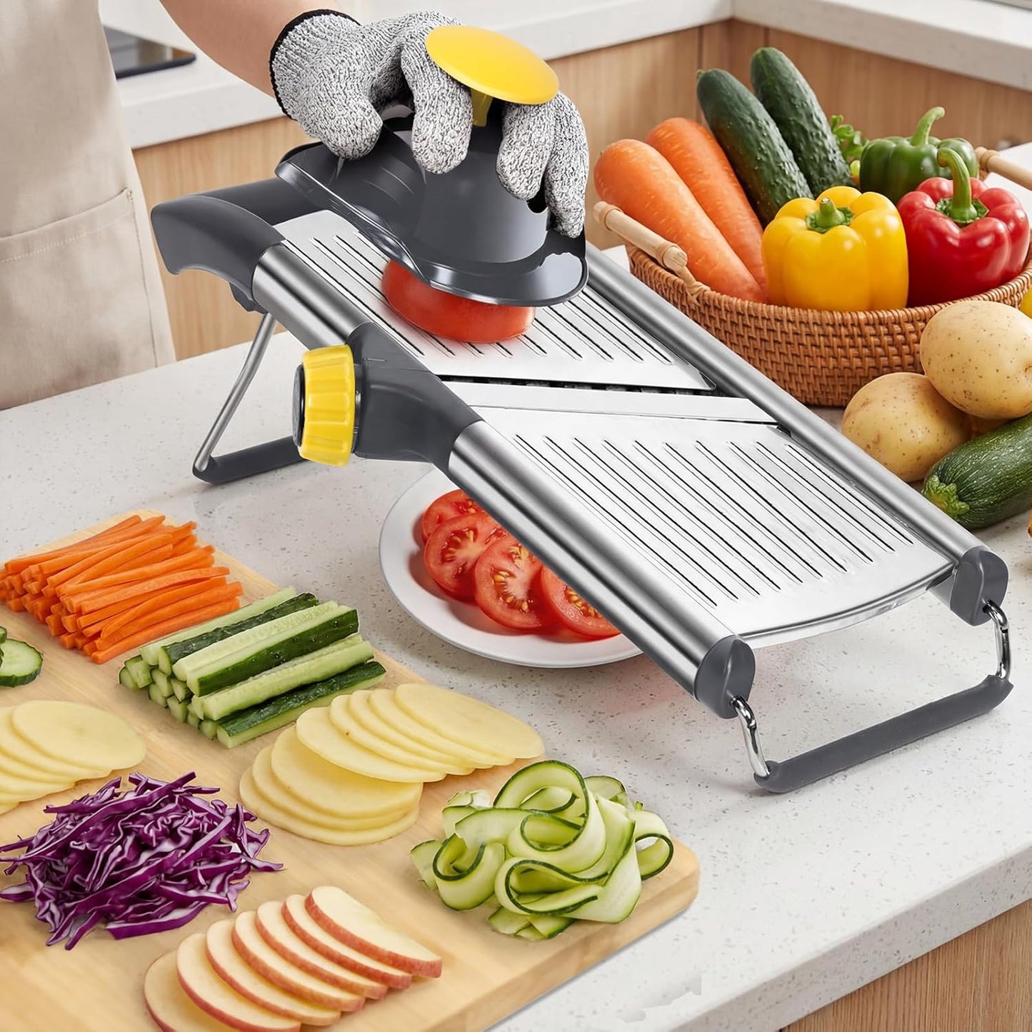Masthome Mandoline Slicer for Kitchen,Adjustable Mandoline Food Slicer | Sharp Stainless Steel Blade,Chopper Vegetable Cutter for Potato,Onion,Fruit,INCLUDING Food Holder,Gloves,Cleaning Brush