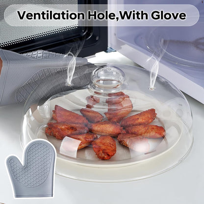 12 Inch Borosilicate Glass Light Microwave Splatter Cover for Food | All Glass Tall Splatter Guard Microwave Plate Serving Dish Covers Lid with Handle for Heating Food