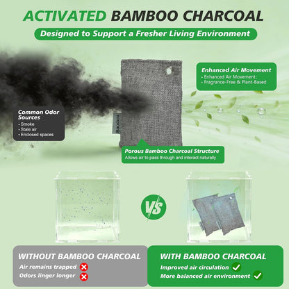 Activated Charcoal Bags Air Purifying 15 Pack, Bamboo Charcoal Odor Absorber for Home Closet Car Shoes, 70g Gray, Natural Odor Neutralizer, Moisture Absorber, Reusable up to 2 Years, 6 Hooks