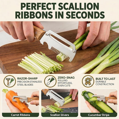 3-in-1 Vegetable Peeler for Kitchen: 2 Pack Wooden Handle Stainless Steel Scallion Shredder with Bottle Opener & Grater, Ergonomic Non-Slip Peeling Tool for Potatoes