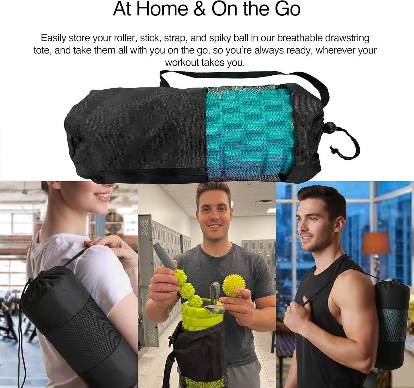 5-in-1 Massage Set, Complete Mobility Kit for Workout Recovery | Deep Tissue Roller for Legs, Spikey Foot Ball, Hamstring Stretch Strap, Quad Roller Stick, Carry Bag