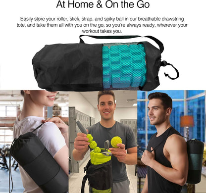 5-in-1 Massage Set, Complete Mobility Kit for Workout Recovery | Deep Tissue Roller for Legs, Spikey Foot Ball, Hamstring Stretch Strap, Quad Roller Stick, Carry Bag