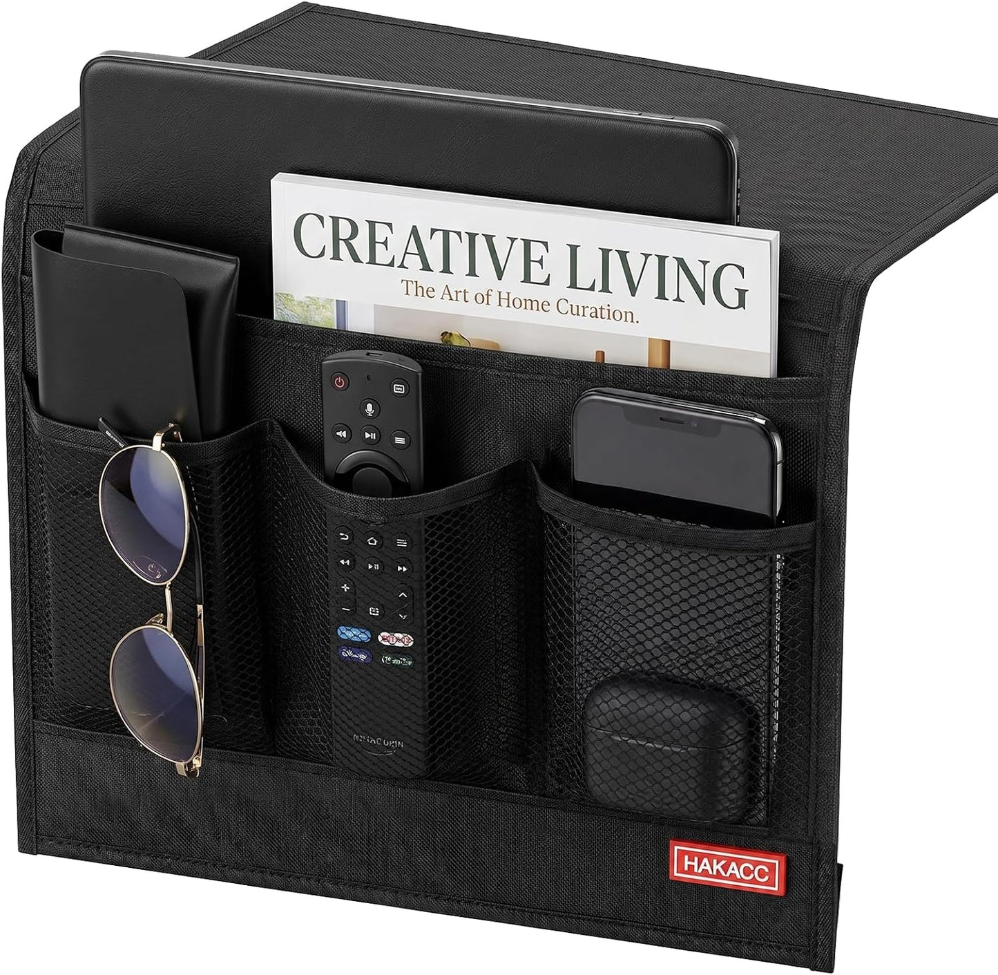 HAKACC Bedside Caddy, Remote Holder for Bed, Storage Organizer, Black | Pockets for Bed, Sofa, Phones, Magazines, Tablets and Accessories