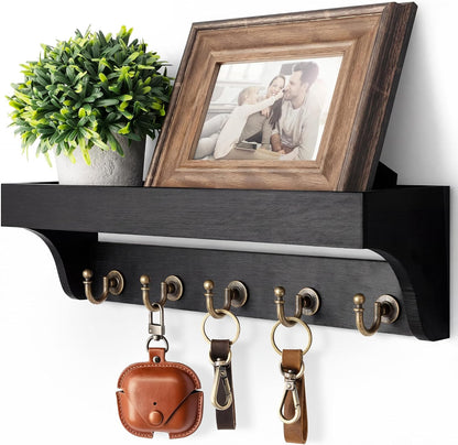 Rebee Vision Key Holder Wall Mount with 5 Hooks for Entryway, Retro Brown | Display Shelf for Plant & Letters, Key Shelf for Hats, Dog Leashes, Mail Organizer, Decorative Entryway & Living Room