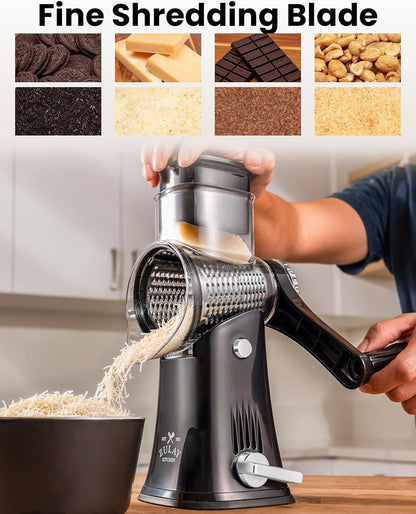 Zulay Kitchen Rotary Cheese Grater 5 Blade Cheese Shredder - Manual Hand Crank Cheese Grater With Reinforced Suction & 5 Interchangeable Drums - Easy to Use, Vegetable Chopper Round Mandoline Slicer - Colors A
