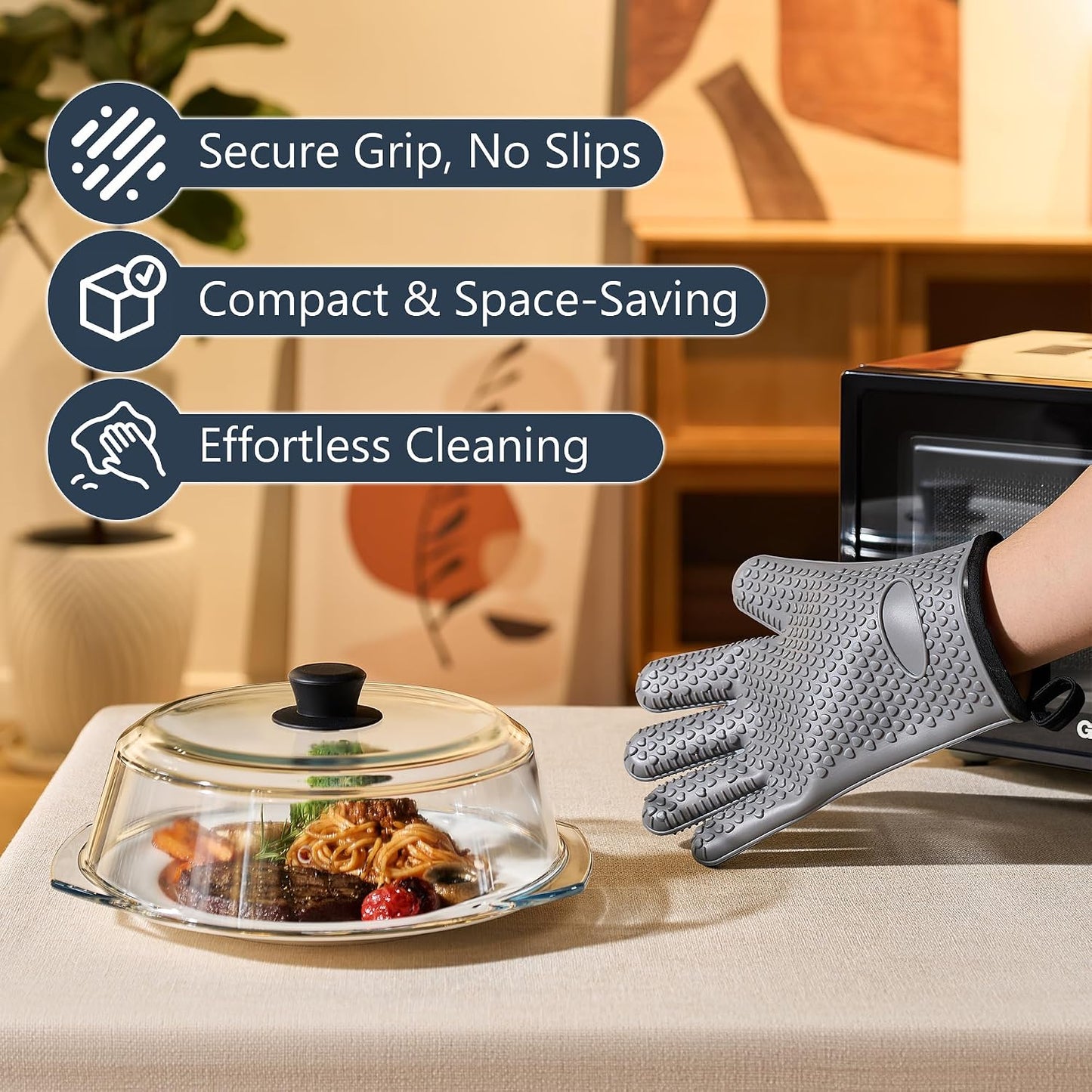 Glass Microwave Splatter Cover for Food Plates & Cookware with Oven Mitts, Borosilicate Glass Splatter Lid Guard with Vent Hole & Easy Grip Silicone Handle, 100% BPA Free & Dishwasher Safe