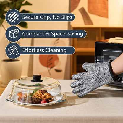 Glass Microwave Splatter Cover for Food Plates & Cookware with Oven Mitts, Borosilicate Glass Splatter Lid Guard with Vent Hole & Easy Grip Silicone Handle, 100% BPA Free & Dishwasher Safe