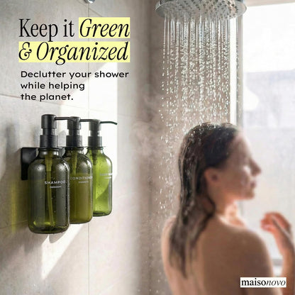 MaisoNovo Shampoo and Conditioner Dispenser|Refillable Black Set of 3 | 500 ml Shower Gel Dispenser Set of 3. Refillable Shampoo and Conditioner Bottles. Drill Free Secure Design. Black