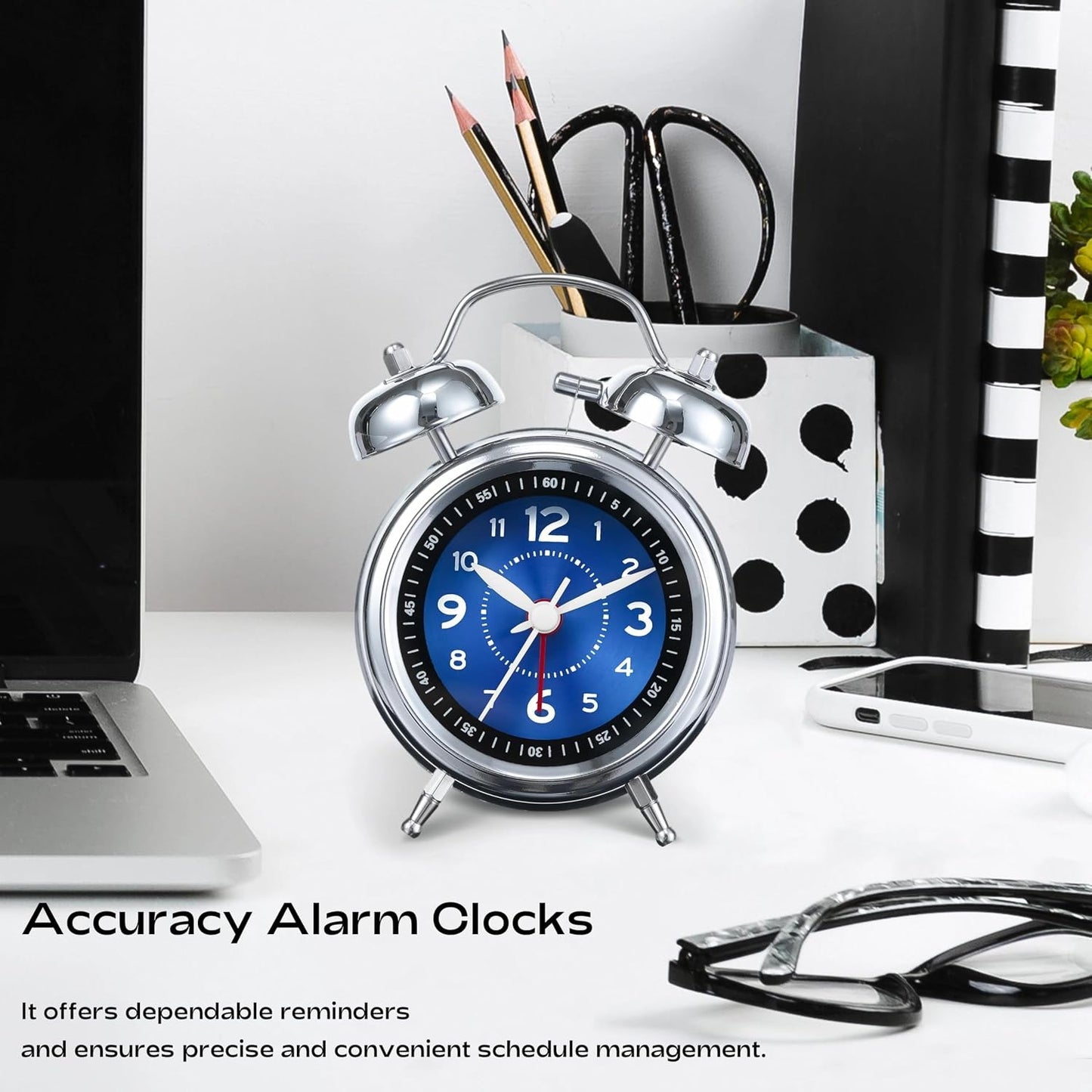 AKCISOT Loud Alarm Clock for Heavy Deep Sleepers, 4.5 Inches Analog Metal Twin Bell Clocks Battery Operated with Backlight for Bedroom Beside, Old Fashioned for Home Desk Decoration(Blue)
