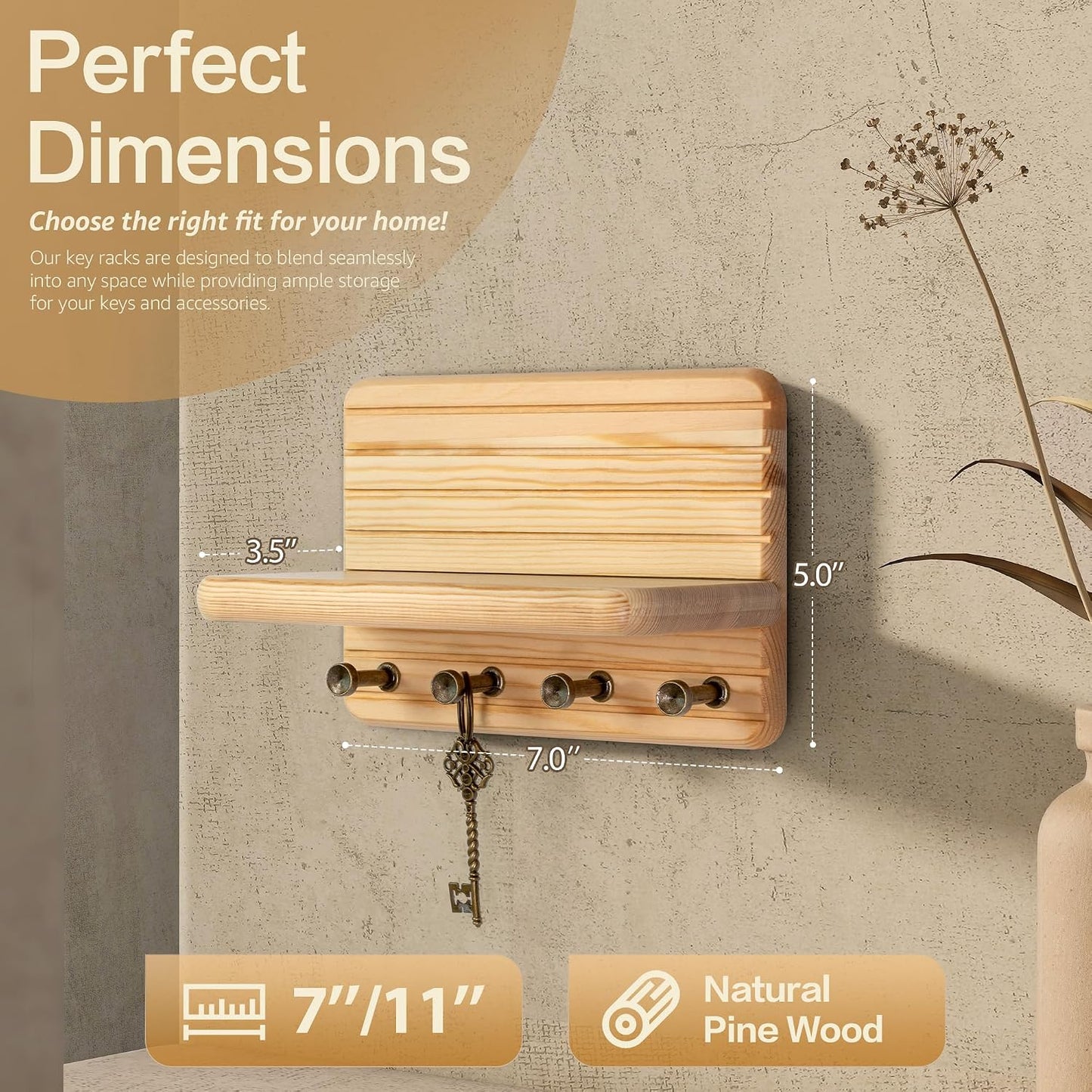 Rebee Vision Pine Wood Key Holder Wall Mount with Shelf for Entryway, Brown | 6 Key Hooks, Round Corner, Smooth&Hand-Friendly, Clear Wood Texture, Space-Saving Design, Organize Mail & Letter