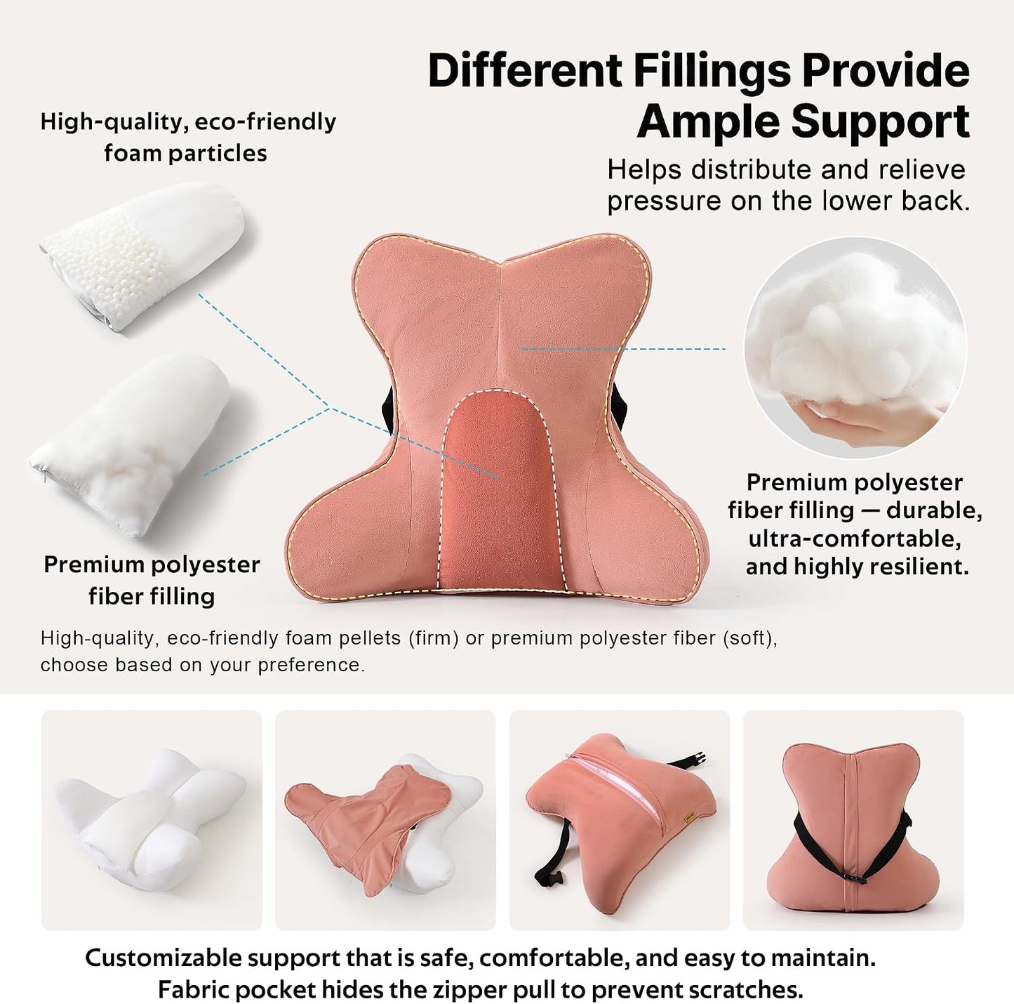 Lumbar Support Pillow(Pat. Pend) – Multi-Functional Ergonomic Back Cushion for Sofa Chair, Car Seat & Sofa, Reading Pillow with Firm Multi-Zone Support to Relieve Lower Back Pain, Misty White
