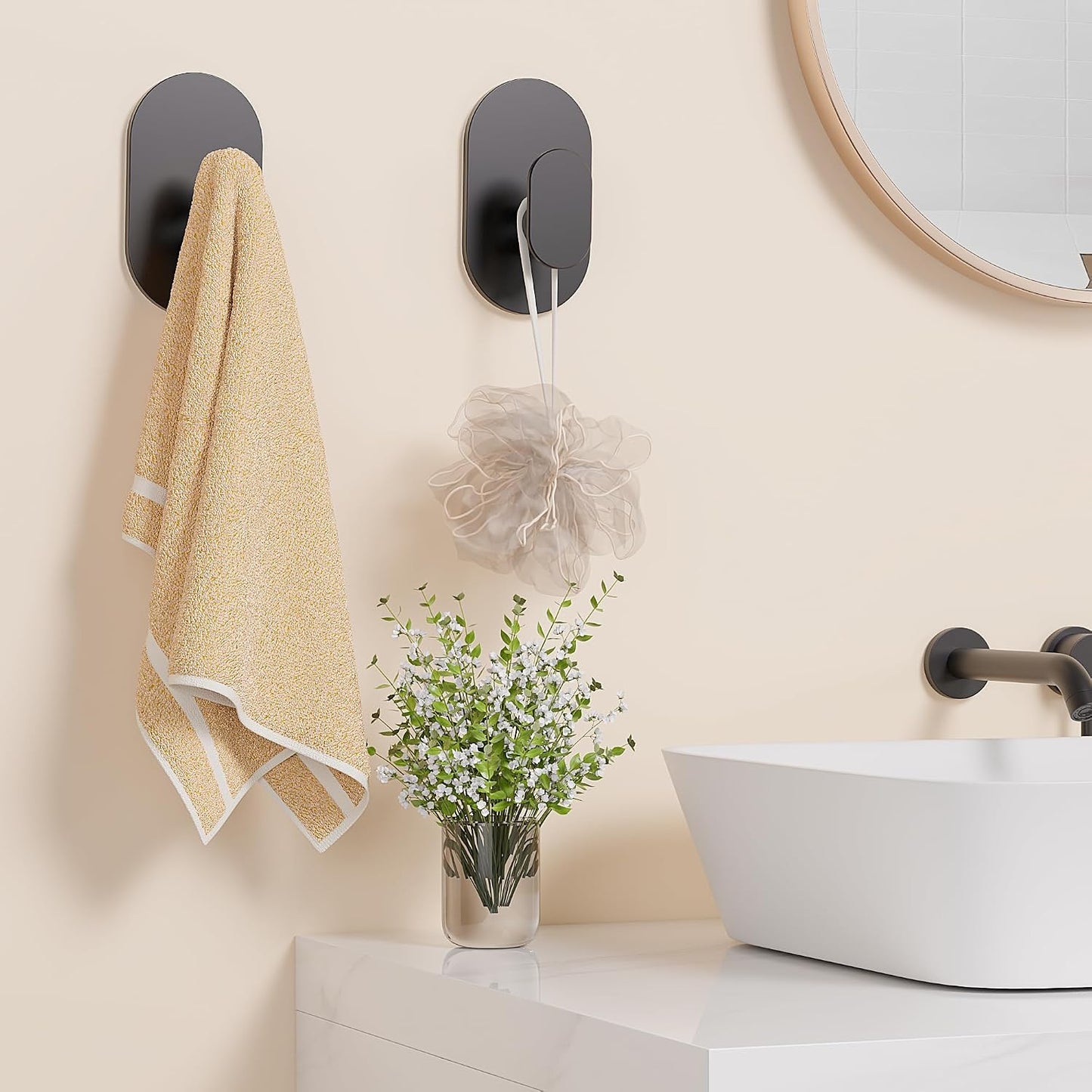 Aikzik Adhesive Towel Hooks - 4 Pack 26LB Extra Strong Heavy Duty Wall Hooks for Bathroom/Shower Door Hanging Coat, Robe, Towel, Dogs' Leads and Collars (Matte Black, Stainless Steel)