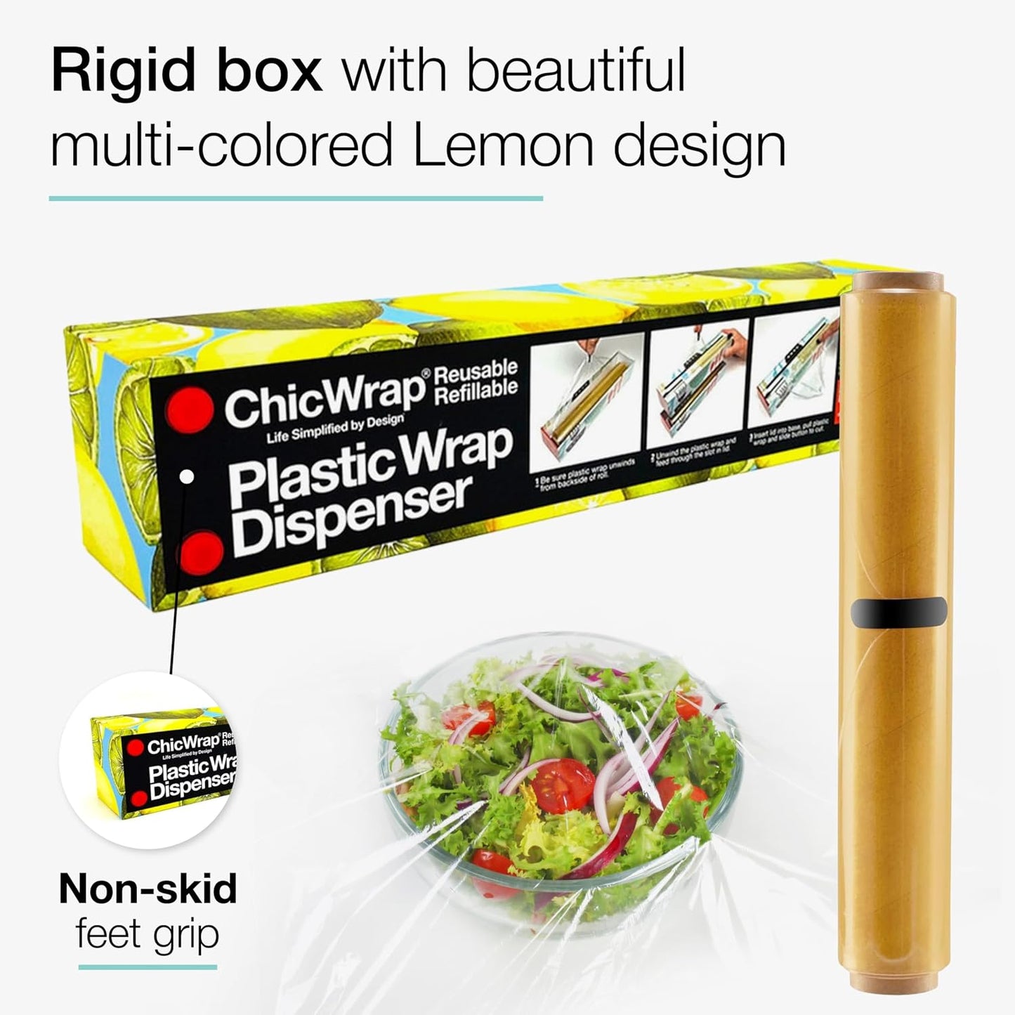 Chicwrap Veggies Refillable Plastic Wrap Dispenser - Includes One 12" x 250' Roll of Professional Grade Plastic Wrap - BPA Free and Kosher Certified - Reusable Dispenser w/Slide Cutter | Reusable Plastic Wrap Dispenser with Four Non-Slip Rubber Feet and