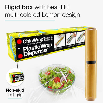 Chicwrap Veggies Refillable Plastic Wrap Dispenser - Includes One 12" x 250' Roll of Professional Grade Plastic Wrap - BPA Free and Kosher Certified - Reusable Dispenser w/Slide Cutter | Reusable Plastic Wrap Dispenser with Four Non-Slip Rubber Feet and