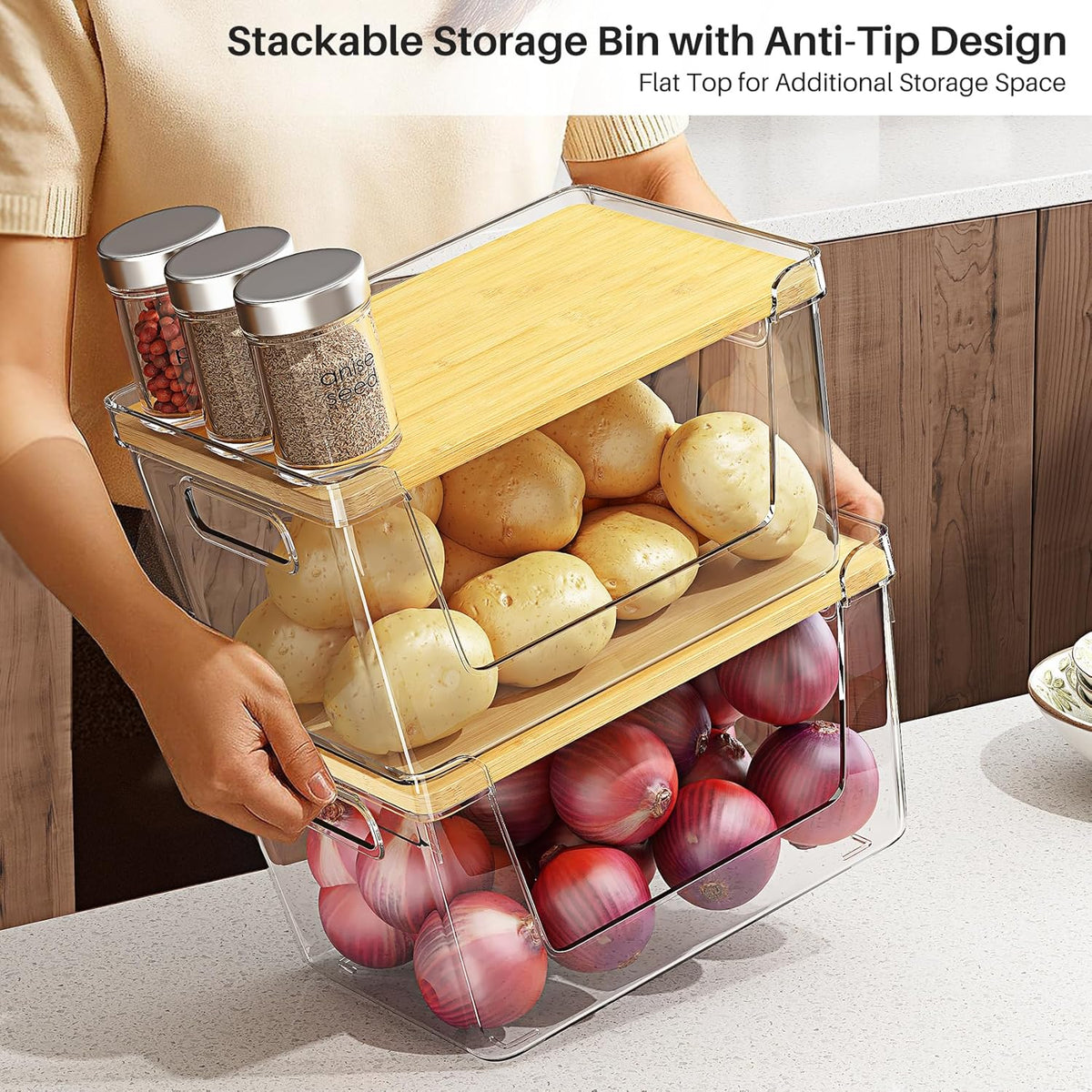 Pantry Organizer and Stackable Storage Kitchen,Sturdy and Durable Storage Basket for Potato, Onion, Garlic, Fruit, Vegetable, Produce, Clear Plastic Storage with Lid&Handle