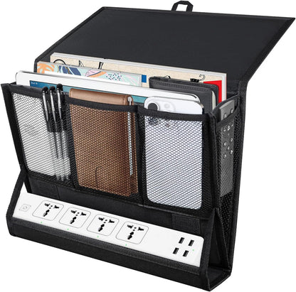 AKAYOK Bedside Caddy Hanging Bed Organizer Storage Bag Pocket with Power Strip Holder Multi-functional Organizer Caddy for Remotes Phone Glasses Magazines, Tablets, Accessories (7 pocket)