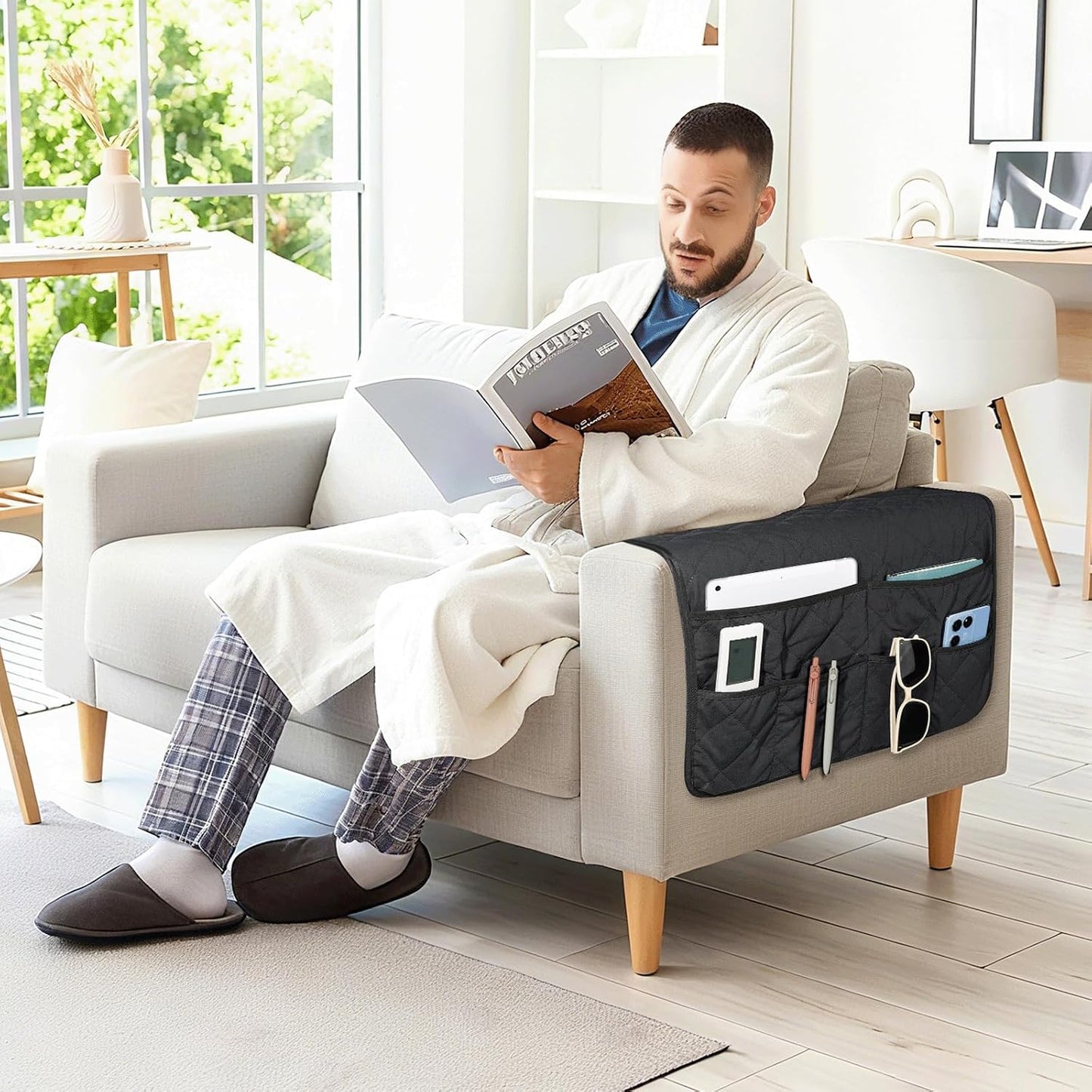 Remote Control Holder for Recliner, Armchair Caddy, Non Slip Sofa Armrest Organizer for Recliner Couch With 6 Pockets for TV Remote,Cell Phone,Magazine (Off-White)
