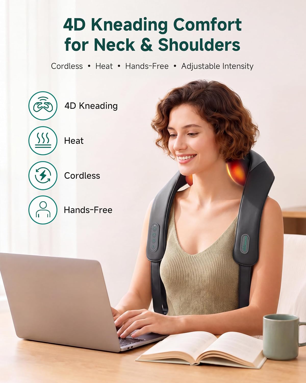 Snailax Cordless Neck Massager with Heat, Kneading Neck and Shoulder Massager Deep Tissue, Shiatsu Back Pillow, 2 Heating Levels,Gifts for Mom Dad