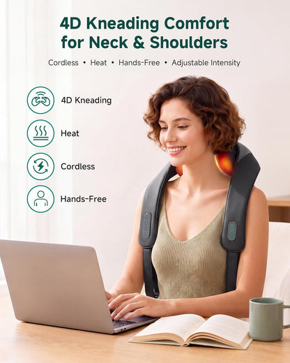 Snailax Cordless Neck Massager with Heat, Kneading Neck and Shoulder Massager Deep Tissue, Shiatsu Back Pillow, 2 Heating Levels,Gifts for Mom Dad
