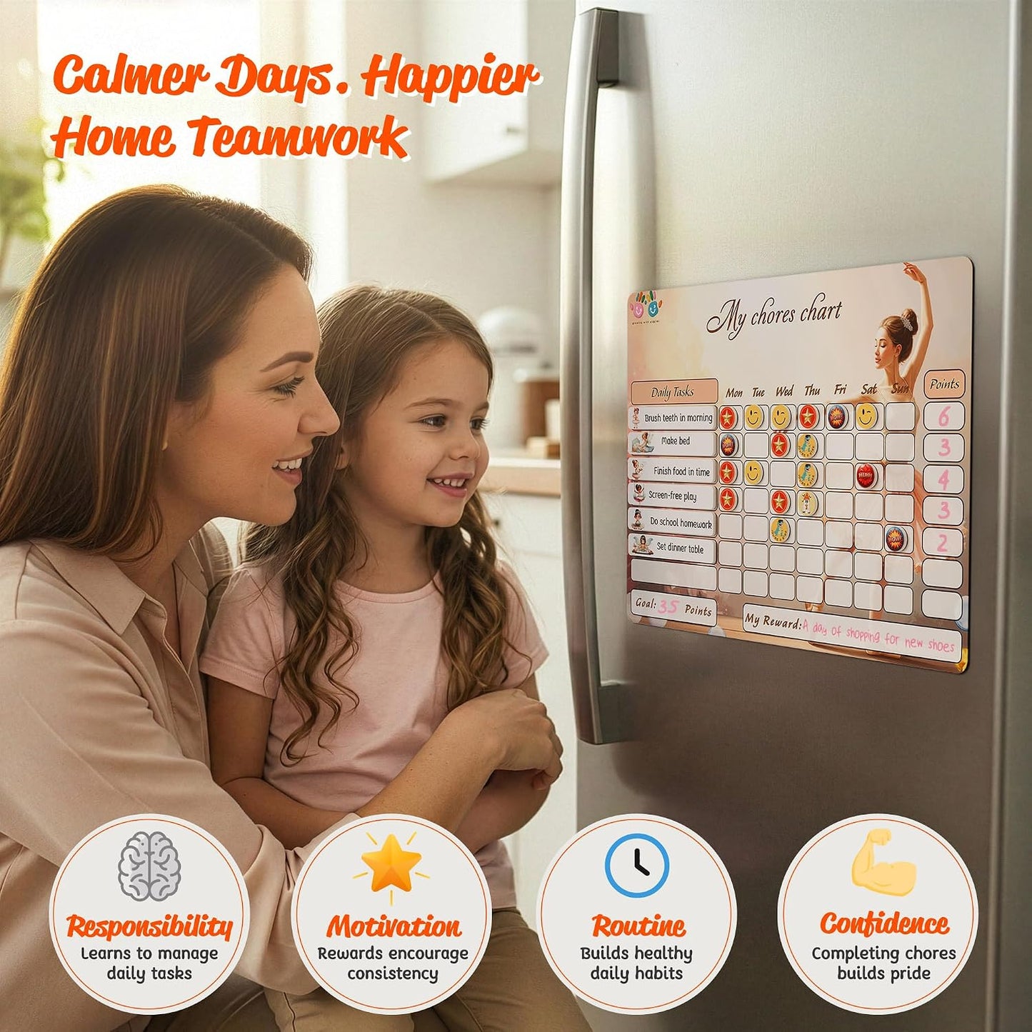 Mimi Doodle Magnetic Chore Chart for Kids – 16x12 Dry Erase Daily Responsibility Board for Fridge with 39 Chore tabs, 100 Reward Stickers – Behavior Chart for Kids at Home – Simple Theme