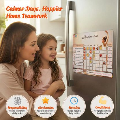 Mimi Doodle Magnetic Chore Chart for Kids – 16x12 Dry Erase Daily Responsibility Board for Fridge with 39 Chore tabs, 100 Reward Stickers – Behavior Chart for Kids at Home – Simple Theme