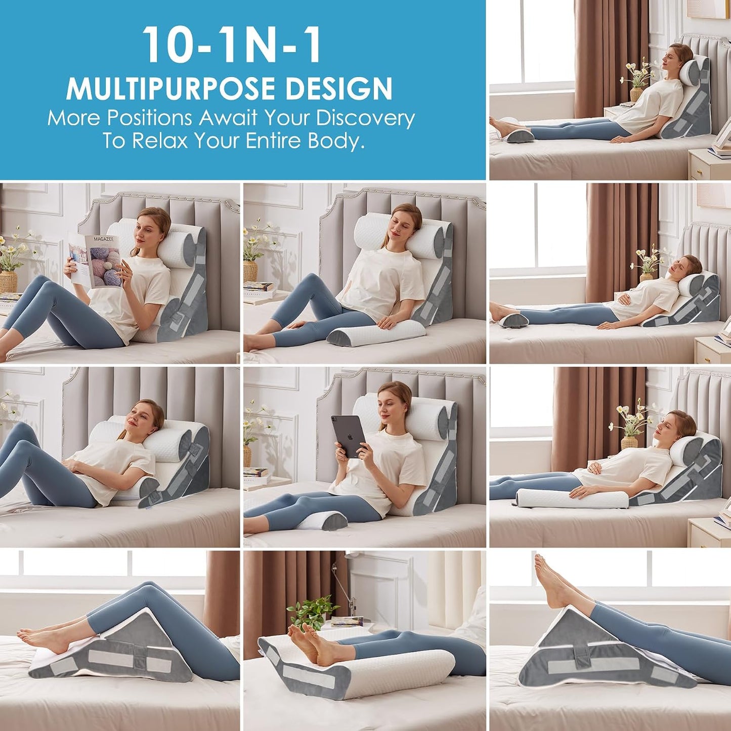 MEGCXIT 3PCS Bed Wedge Pillow for Headboard, Adjustable Wedge Pillow for Sleep Apnea, 23” Wide Triangle Pillow Wedge Set for After Surgery, Acid Reflux Relief, Snoring, Neck&Back Support, White/Grey