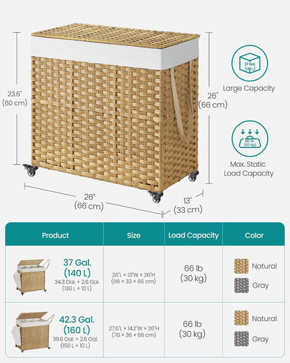 SONGMICS Laundry Hamper with Lid, 42.3 Gallons (160 L), Rolling Laundry Basket with Wheels, 3-Section Synthetic Rattan, Removable Liner, Bedroom, 29.9 x 13 x 26 Inches, Natural ULCB365N01