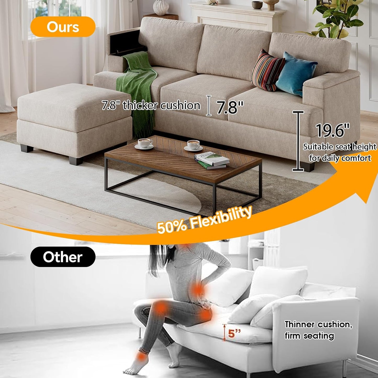 85'' L Shaped Couch with Armrest Organizer,Sectional,Movable Ottoman,Khaki | Comfy Sectional Sofa with Thick Cushion,3 Seats Sofas,Sectional Couches for Living Room,Bedroom,Apartment,Chenille