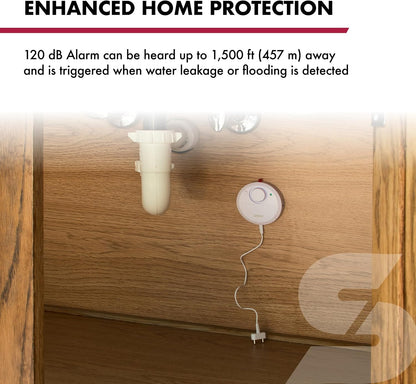 SABRE Water Leakage Alarm, 110 dB Alarm, Audible Up To 1,500-Feet (457-Meters), All Direction Water Sensor, High and Low Volume Settings, Battery Test Button