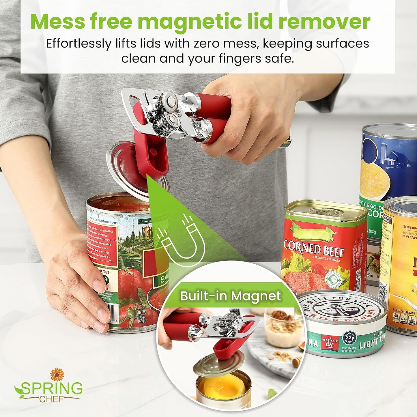 Spring Chef Stainless Steel Manual Can Opener with Soft Grip Handles, Black | Heavy Duty Hand Can Opener for Seniors with Smooth Edge, Easy Turn, 3in1 Can Opener with Magnetic Lid Remover & Bottle Opener