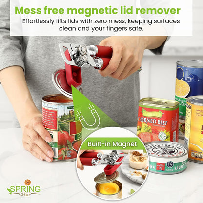 Spring Chef Stainless Steel Manual Can Opener with Soft Grip Handles, Black | Heavy Duty Hand Can Opener for Seniors with Smooth Edge, Easy Turn, 3in1 Can Opener with Magnetic Lid Remover & Bottle Opener