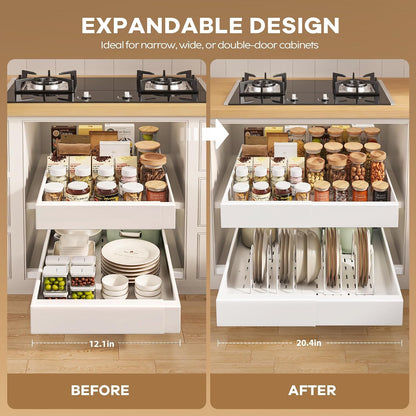Seinloes 2Pack Pull out Cabinet Organizer 21"Deep with 4 Adjustable Dividers,Expandable（12.1"-20.4"W） Pots and Pans Organizer Under Cabinet with Raising Pad for Framed Cabinets,Slide out Drawers,White