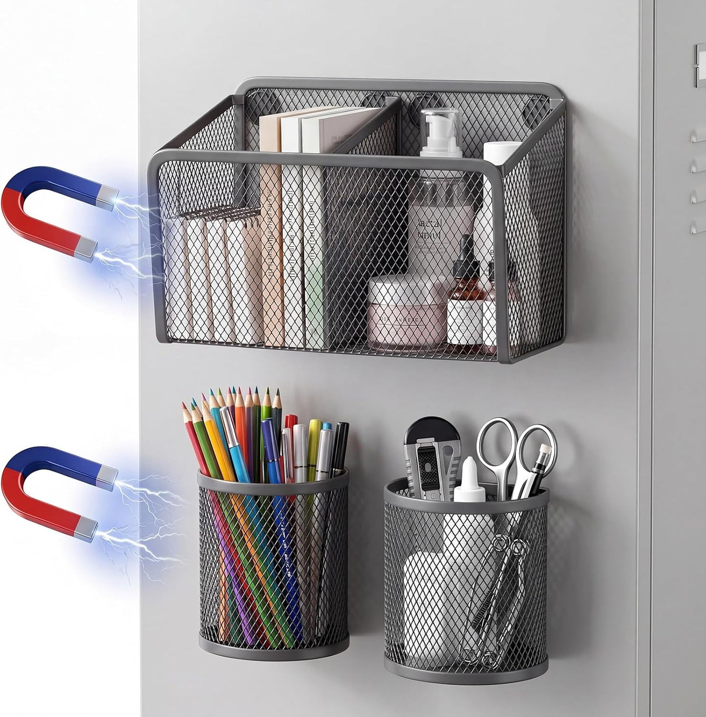 3 Pcs Magnetic Locker Accessories Mesh Metal Pen Holder,Sage Green | Strong Magnets Magnetic Pencil Holder, Mesh Metal Marker Storage Basket Organizer, for Locker Whiteboard Fridge School Office