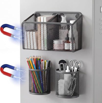 3 Pcs Magnetic Locker Accessories Mesh Metal Pen Holder,Sage Green | Strong Magnets Magnetic Pencil Holder, Mesh Metal Marker Storage Basket Organizer, for Locker Whiteboard Fridge School Office