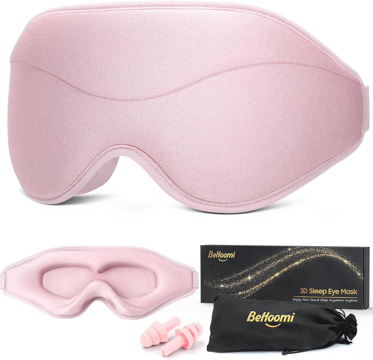 BeHoomi Sleep Mask, Premium Eye Mask for Sleeping, Total Blackout, Super Soft Comfort, Adjustable Fit, Upgraded 3D Ergonomic Designed Sleeping Mask for Home, Office, Travel, Meditation, Yoga, Pink
