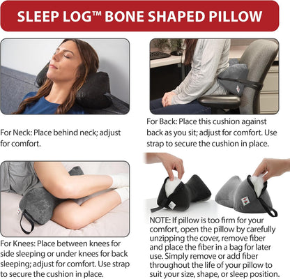 Sleep Log Ergonomic Neck & Travel Pillow for Pain Relief & Support, Full BK | Bone-shaped pillow provides adjustable support for the neck, back, knees, or legs while traveling, sitting, or sleeping.
