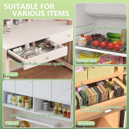 BLULEE 4-in-1 Expandable Drawer Organizer Set, Adjustable Clear Bins | with Dividers for Kitchen, Bathroom, Vanity & Office, Scalable Trays for Cosmetics, Utensils & Desk Accessories (4 Pcs)