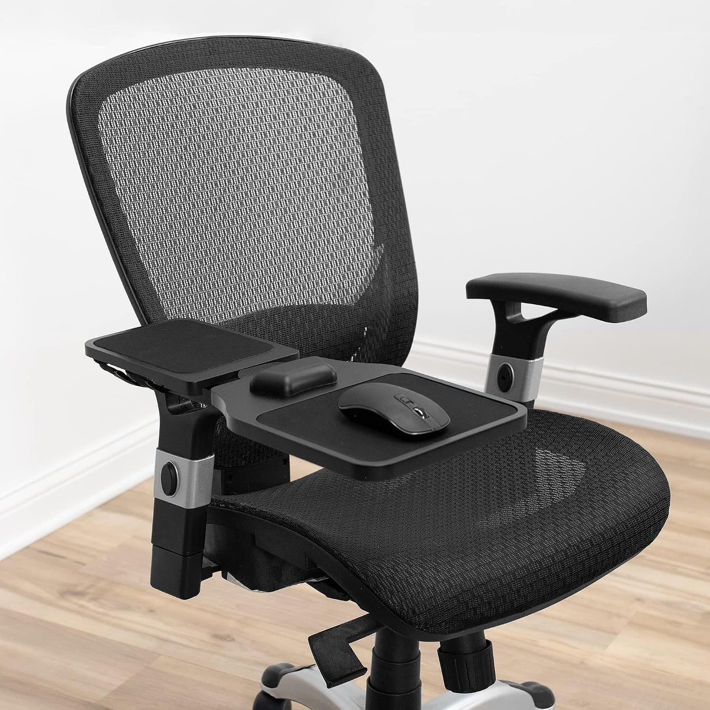 VIVO Wood Arm Rest Mouse Pad with Wrist Cushion, Adjustable Length Support Platform Tray, Chair Attachment Extension with Straps, Black, MOUNT-MS02D