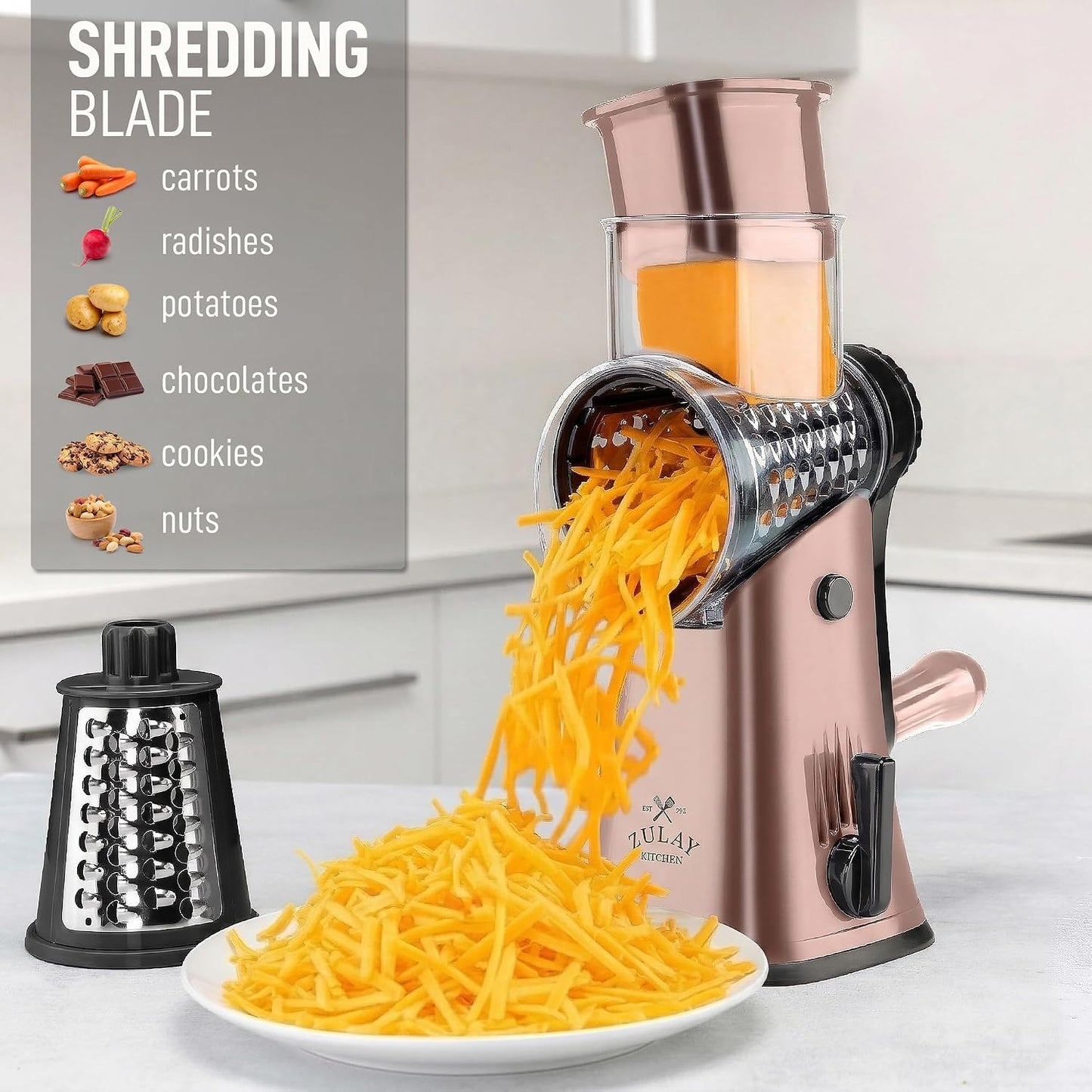 Zulay Kitchen Rotary Cheese Grater 5 Blade Cheese Shredder - Manual Hand Crank Cheese Grater With Reinforced Suction & 5 Interchangeable Drums - Easy to Use, Vegetable Chopper Round Mandoline Slicer - Colors B